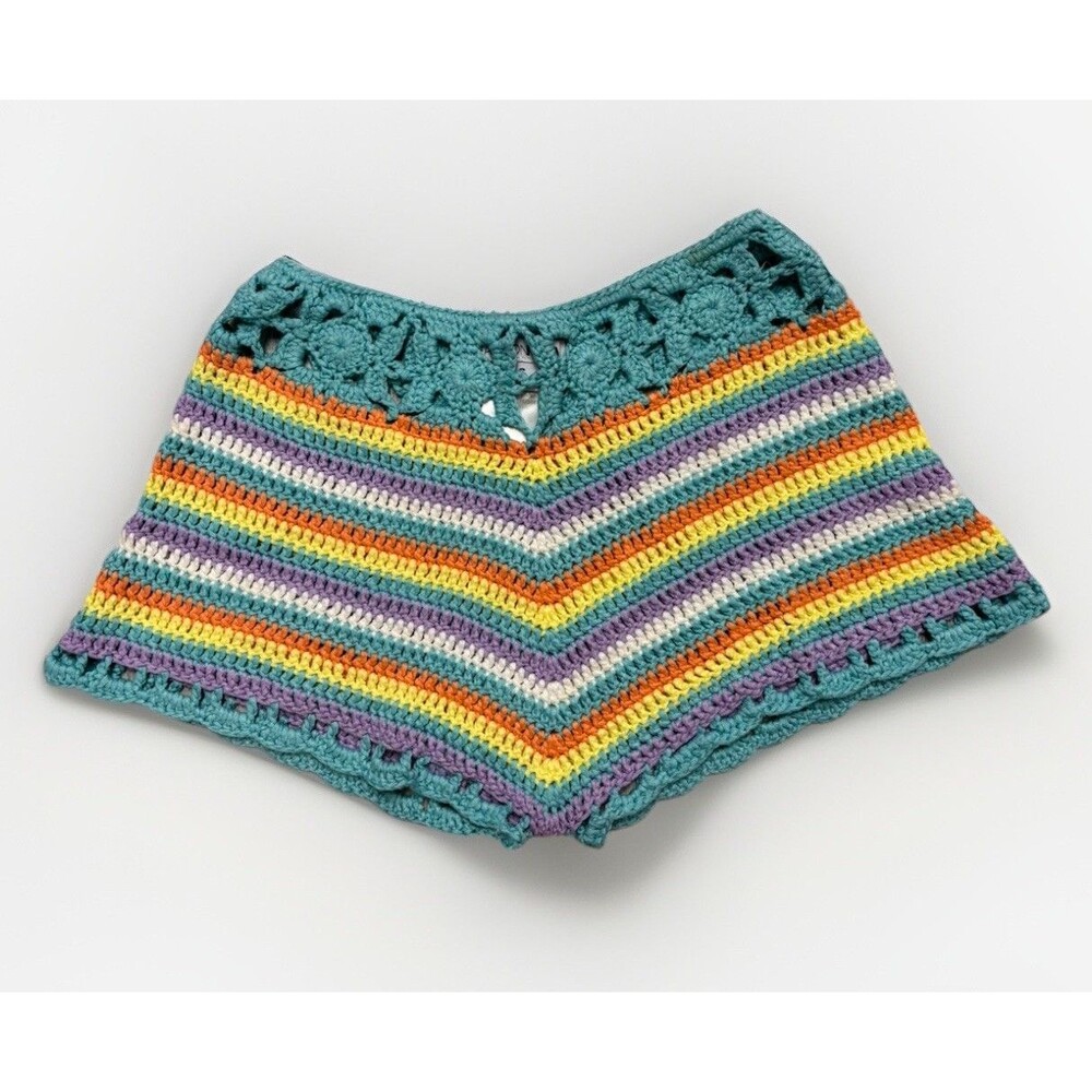 Coastal Boho Crochet Stripe Shorts Festival Beach Cover Up Small Beachy Colorful